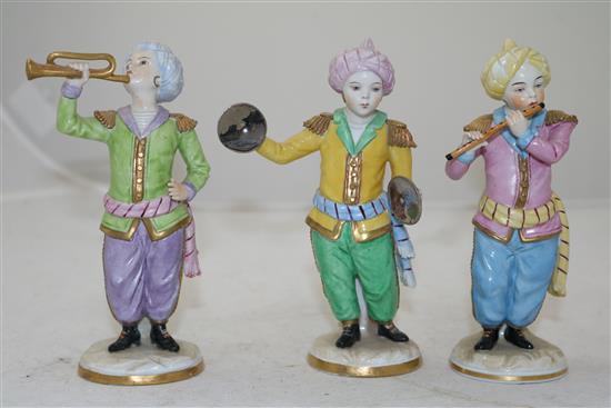 A set of six Sitzendorf porcelain figures of Ottoman band musicians, early 20th century, 15cm - 16cm